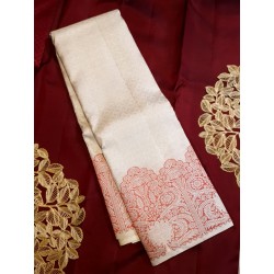Pure Kanjivaram Silk Saree  - White With Red
