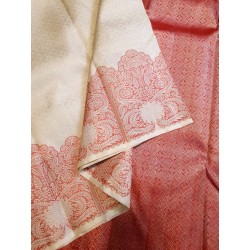 Pure Kanjivaram Silk Saree  - White With Red