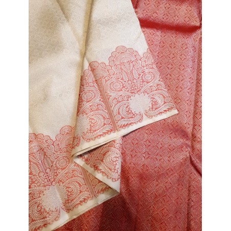 Pure Kanjivaram Silk Saree  - White With Red