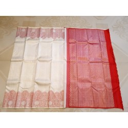 Pure Kanjivaram Silk Saree  - White With Red