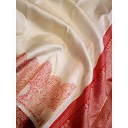 Pure Kanjivaram Silk Saree  - White With Red