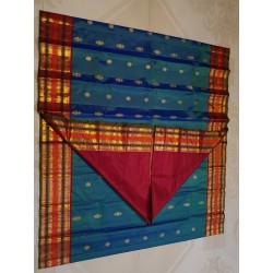 2G Pure Kanchipuram Silk Saree with peacock blue with rich Arakku Blouse and pallu
