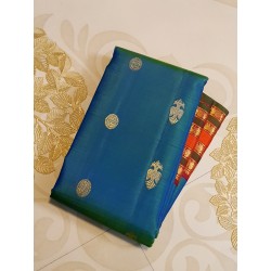 2G Pure Kanchipuram Silk Saree with peacock blue with rich Arakku Blouse and pallu