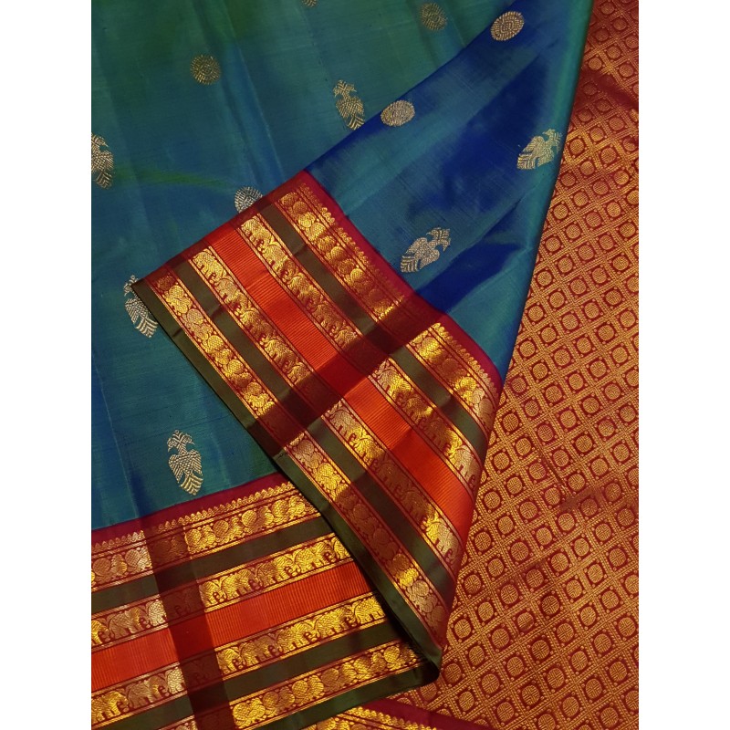 2G Pure Kanchipuram Silk Saree with peacock blue with rich Arakku Blouse and pallu