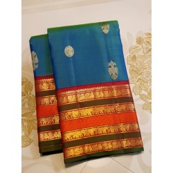 2G Pure Kanchipuram Silk Saree with peacock blue with rich Arakku Blouse and pallu