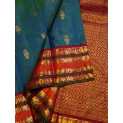 2G Pure Kanchipuram Silk Saree with peacock blue with rich Arakku Blouse and pallu