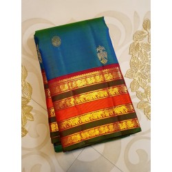 2G Pure Kanchipuram Silk Saree with peacock blue with rich Arakku Blouse and pallu