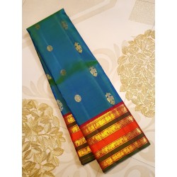 2G Pure Kanchipuram Silk Saree with peacock blue with rich Arakku Blouse and pallu