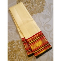 Pure Kanjivaram Silk Saree  - White With Red