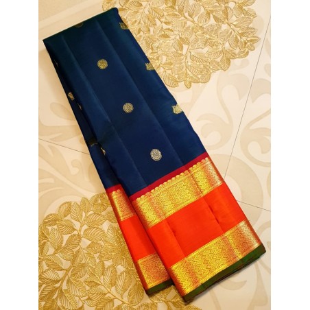 Pure Kanjivaram Silk Saree  - Blue Wth Red