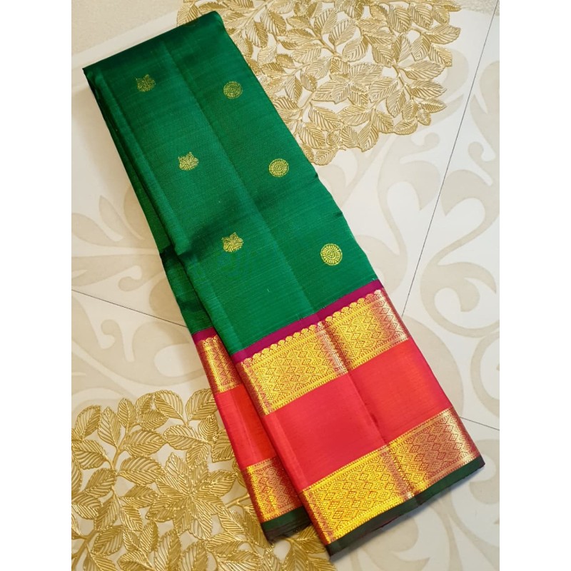 Pure Kanjivaram Silk Saree  - Green With Red