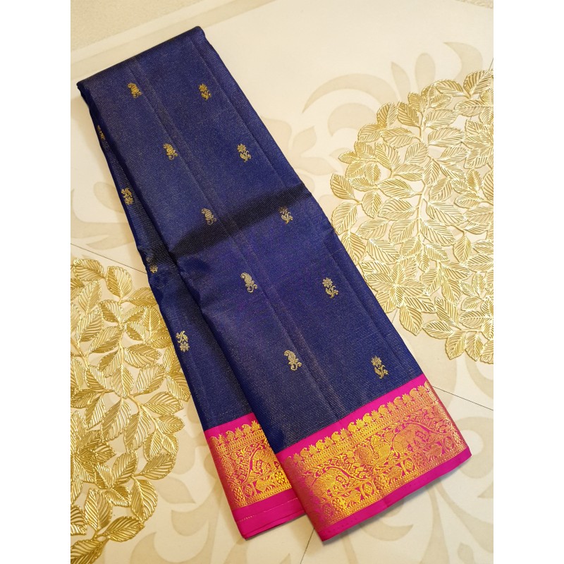 2G Korvai Pure Kanjivaram Silk Saree – Navy Blue with Pink Border | Bridal Kanchipuram Saree