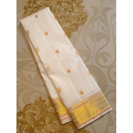 2G Pure Kanjivaram Silk Saree - White with Gold Zari Border