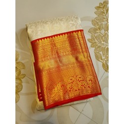 Pure Korvai Kanjivaram Silk Saree  - White With Red