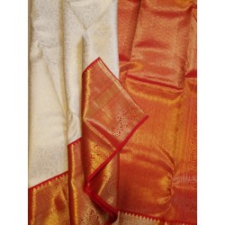 Pure Korvai Kanjivaram Silk Saree  - White With Red