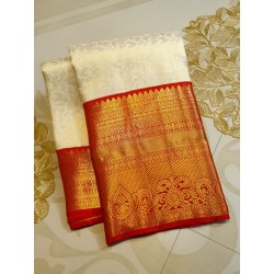 Pure Korvai Kanjivaram Silk Saree  - White With Red