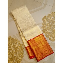 Pure Korvai Kanjivaram Silk Saree  - White With Red