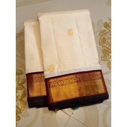 Pure Korvai Kanjivaram Silk Saree  - White With Maroon
