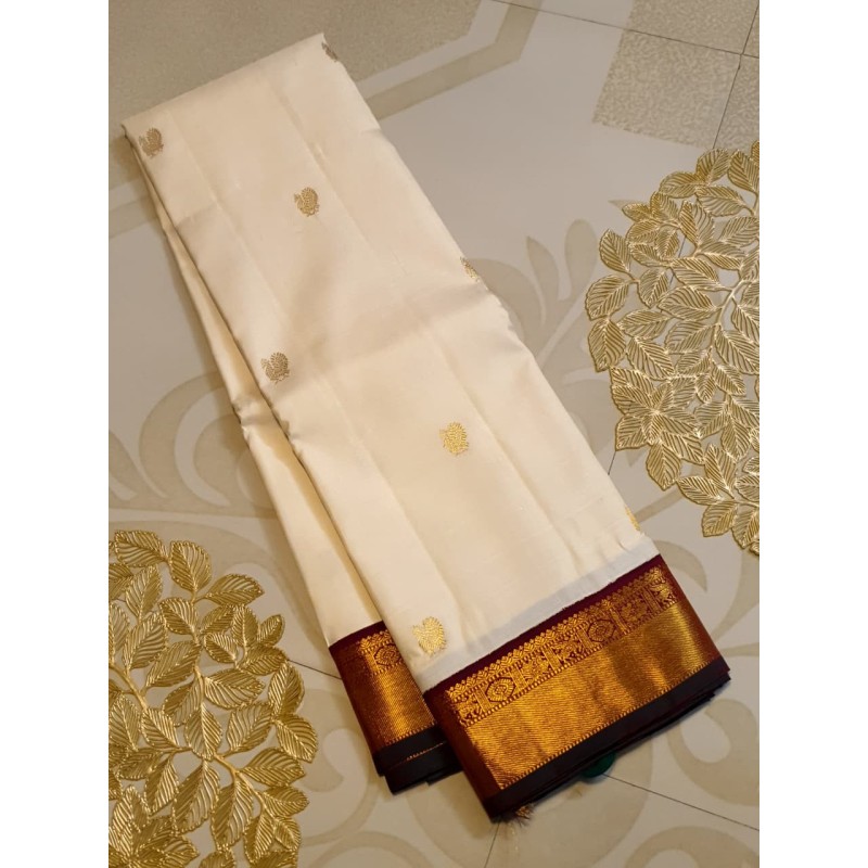 Pure Korvai Kanjivaram Silk Saree  - White With Maroon
