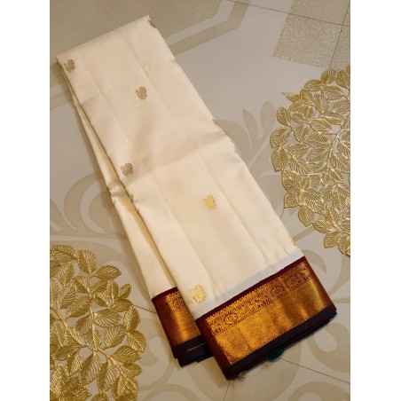 Pure Korvai Kanjivaram Silk Saree  - White With Maroon