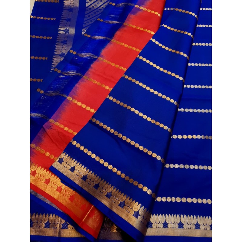 Pure Kanchi Soft Silk Sarees royal Blue with contrast red Blouse