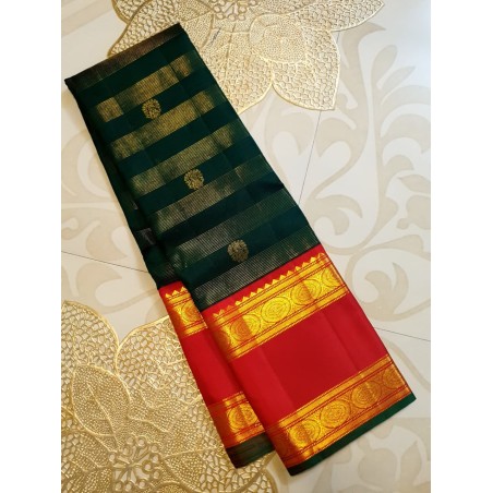 2G Pure Korvai Kanjivaram Silk Saree  - Dark Green with Red