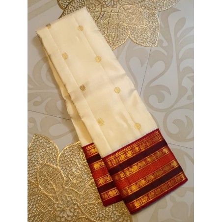 2G Korvai Pure Kanjivaram Silk Saree  - Off White With Red