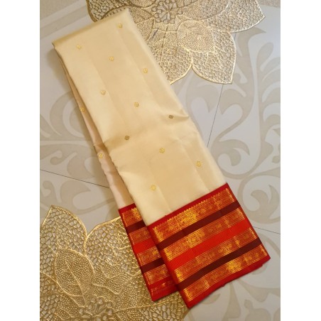 2G Korvai Pure Kanjivaram Silk Saree  - White With Red