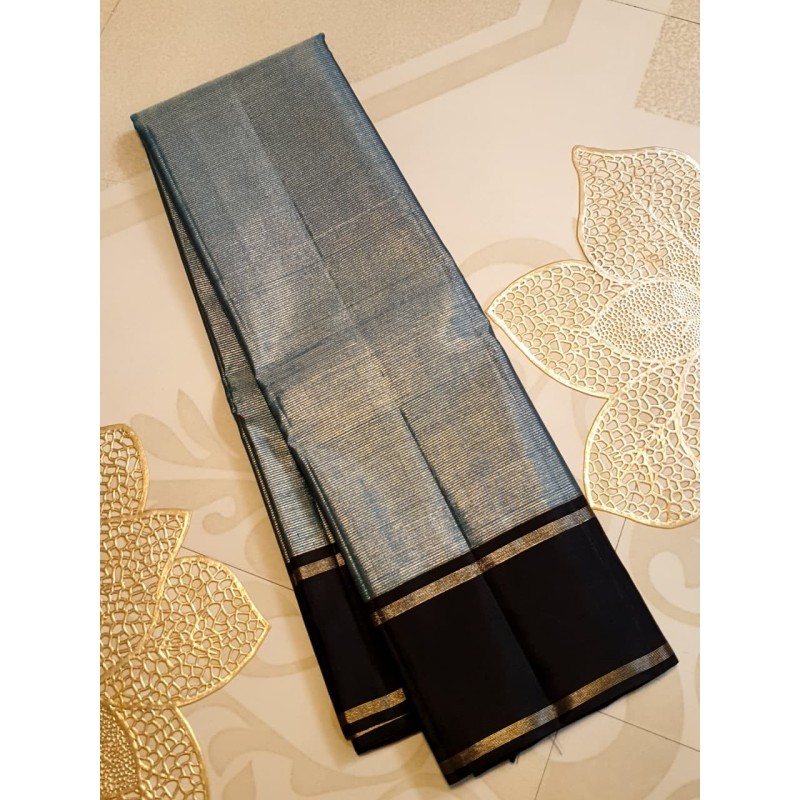 2G Pure Kanjivaram Silk Saree - Bluish Grey with Black