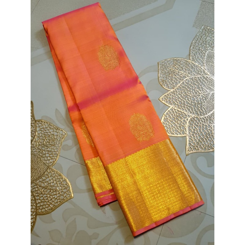 2G Pure Kanjivaram Silk Saree - Coral Orange - Peach
