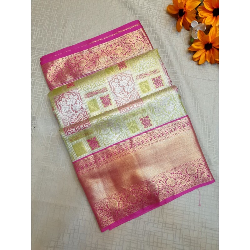 Tissue Kanjivaram Silk Saree – Double Shade with Contrast Jari Border | Prahla Silks