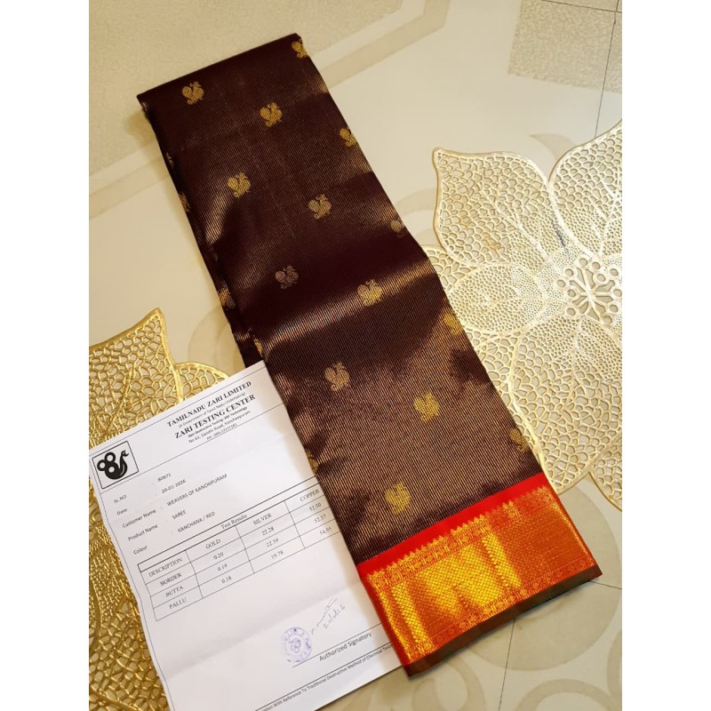 3G Korvai Pure Kanjivaram Silk Saree Brown Red Chilli Border | Bridal Wear