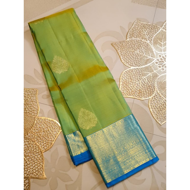 2G Pure Korvai Kanjivaram Silk Saree Lime Green Sky Blue | Gold Zari | Prahla Silks