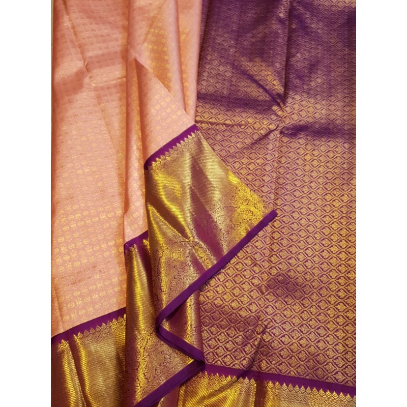 2G Pure Kanjivaram Silk Sareee - Peach With Dark Purple