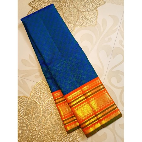 2G Pure Kanjivaram Silk Saree – Dark Blue with Orange Border