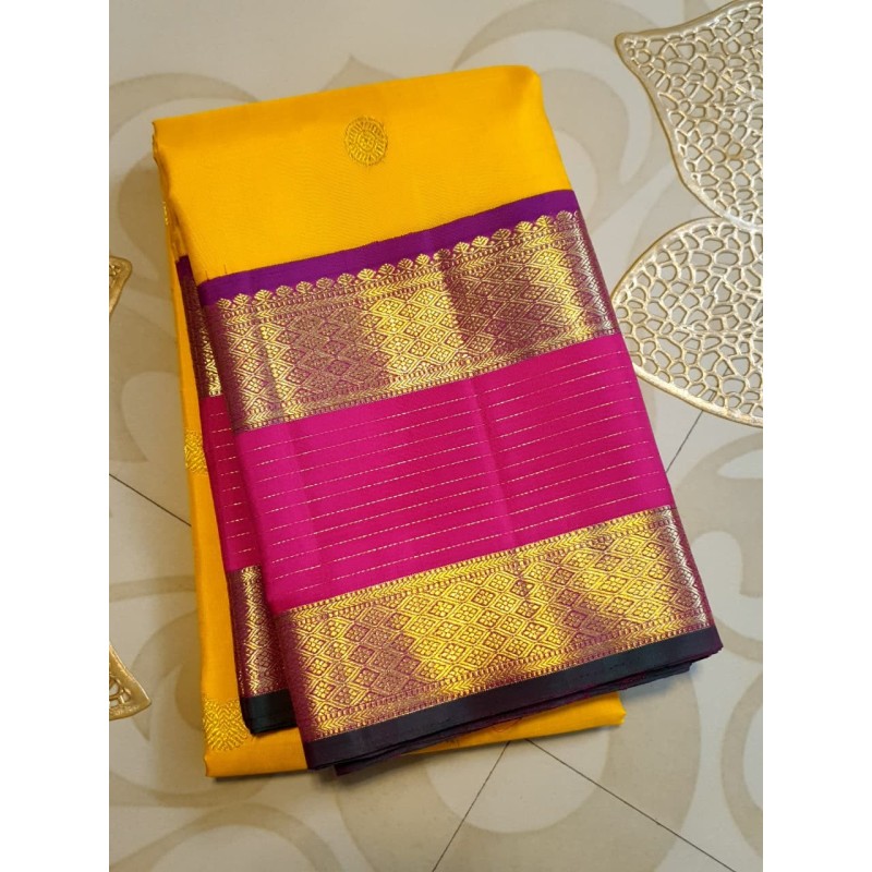 2G Pure Korvai Kanjivaram Silk Saree - Yellow Contrast Pink Barder