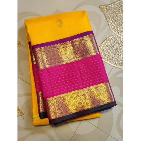 2G Pure Korvai Kanjivaram Silk Saree - Yellow Contrast Pink Barder