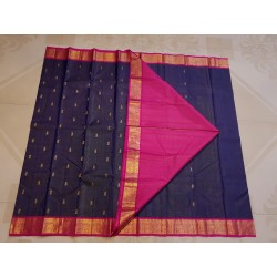 2G Korvai Pure Kanjivaram Silk Saree – Navy Blue with Pink Border | Bridal Kanchipuram Saree