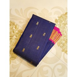 2G Korvai Pure Kanjivaram Silk Saree – Navy Blue with Pink Border | Bridal Kanchipuram Saree