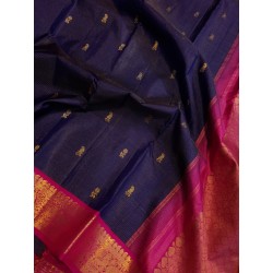 2G Korvai Pure Kanjivaram Silk Saree – Navy Blue with Pink Border | Bridal Kanchipuram Saree