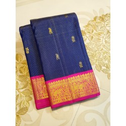 2G Korvai Pure Kanjivaram Silk Saree – Navy Blue with Pink Border | Bridal Kanchipuram Saree