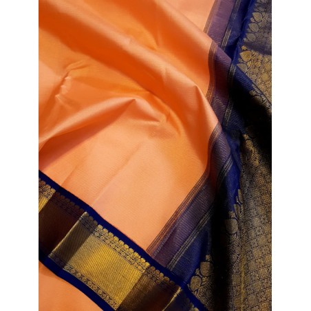 2G Pure Kanjivaram Silk Saree Peach with Navy Blue Border | Bridal Silk Saree | Prahla Silks
