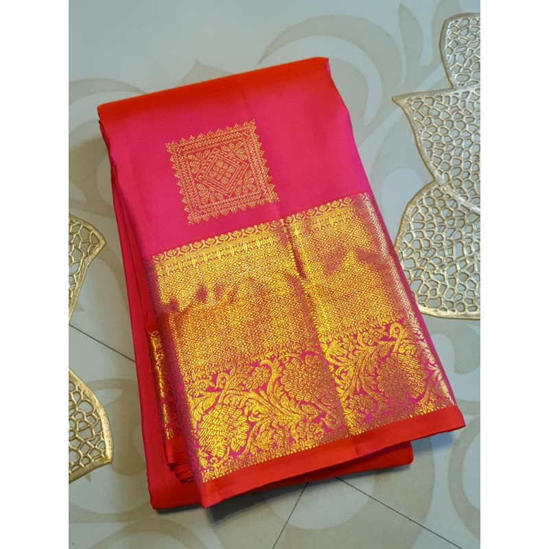 2G Pure Kanjivaram Silk Saree in Hot Pink with Gold Zari | Prahla SilksV