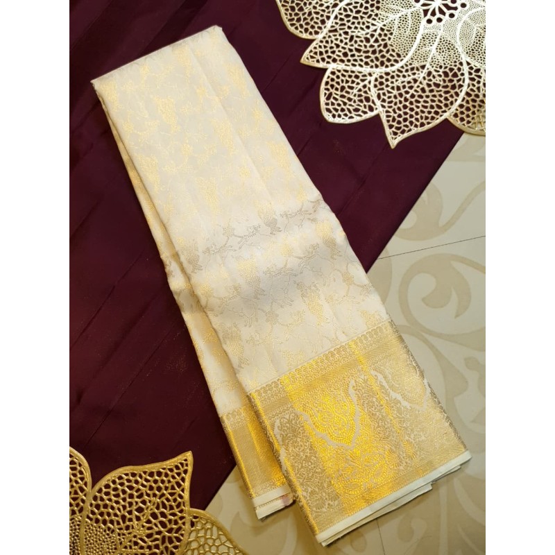 Lord Krishna 2G Kanjivaram Silk Saree – White Butter Color with Rich Pallu | Prahla Silks