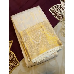 Lord Krishna 2G Kanjivaram Silk Saree – White Butter Color with Rich Pallu | Prahla Silks