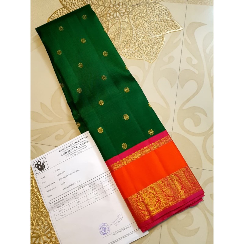 4G Pure Kanjivaram Silk Saree – Green with Orange Border & Gold Zari