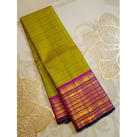 2G Pure Kanjivaram Silk Saree Elachi Green with Pink Gold Zari Border | Prahla Silks