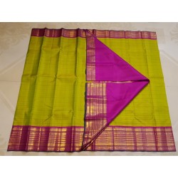 2G Pure Kanjivaram Silk Saree Elachi Green with Pink Gold Zari Border | Prahla Silks