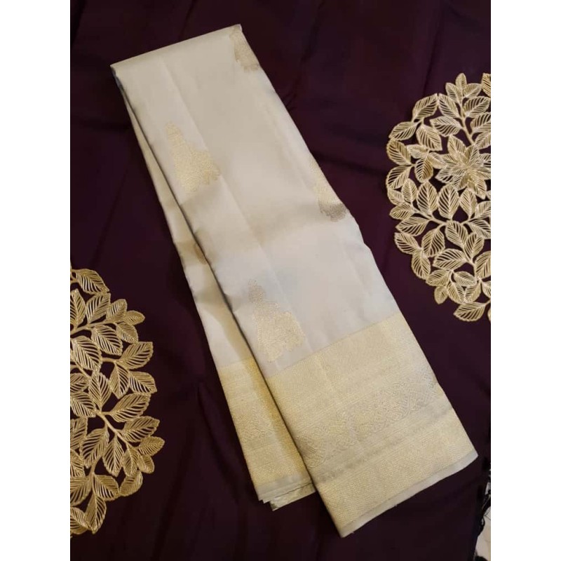 2G Pure Kanjivaram Silk Saree – Ivory Cream with Rich Gold Zari Border