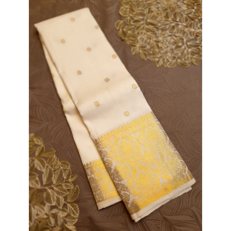 2G Pure Kanjivaram Silk Saree | Ivory Cream with Rich Gold Zari Border - Prahla Silks